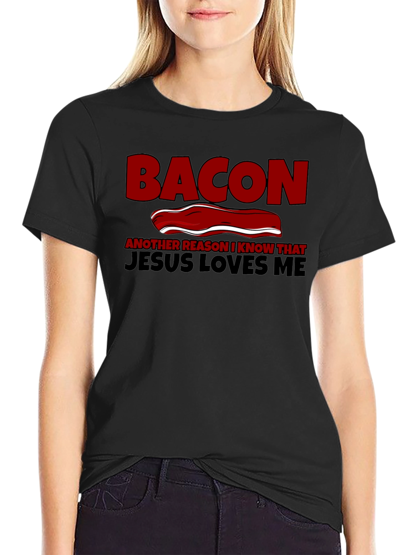 Bacon Jesus Loves Me Black T-Shirt