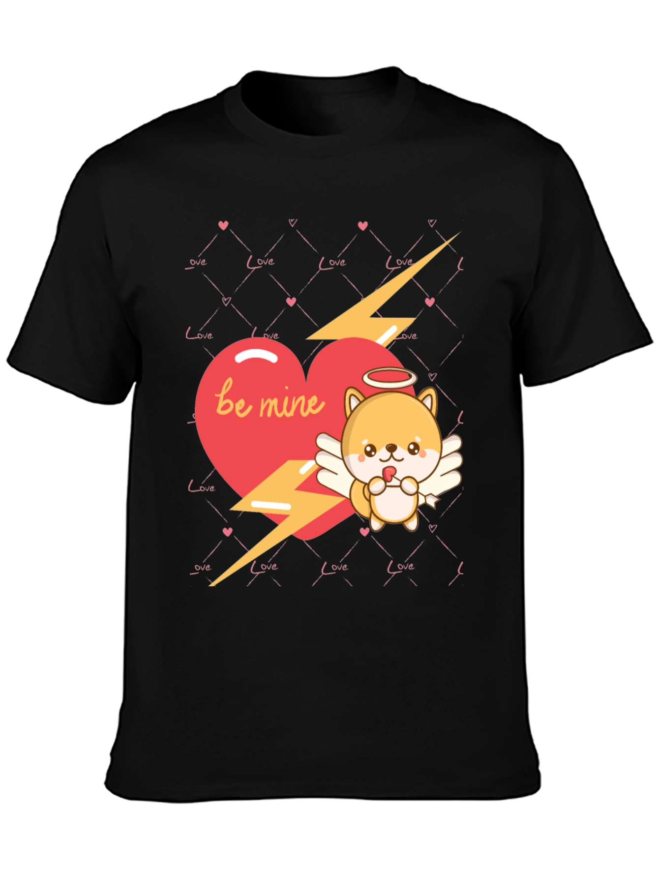 Be Mine Cupid Dog Valentines Day Black T-Shirt