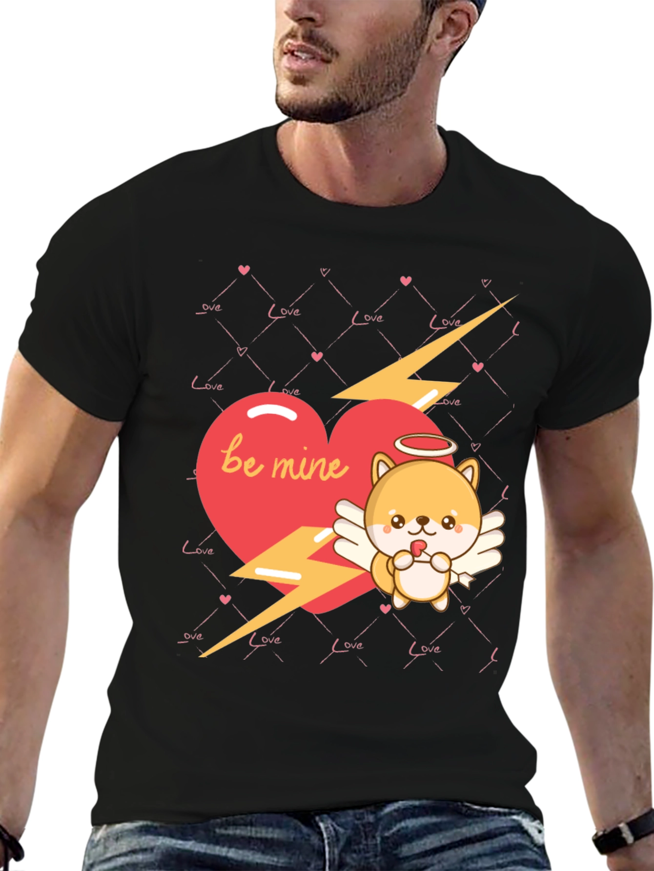 Be Mine Cupid Dog Valentines Day Black T-Shirt