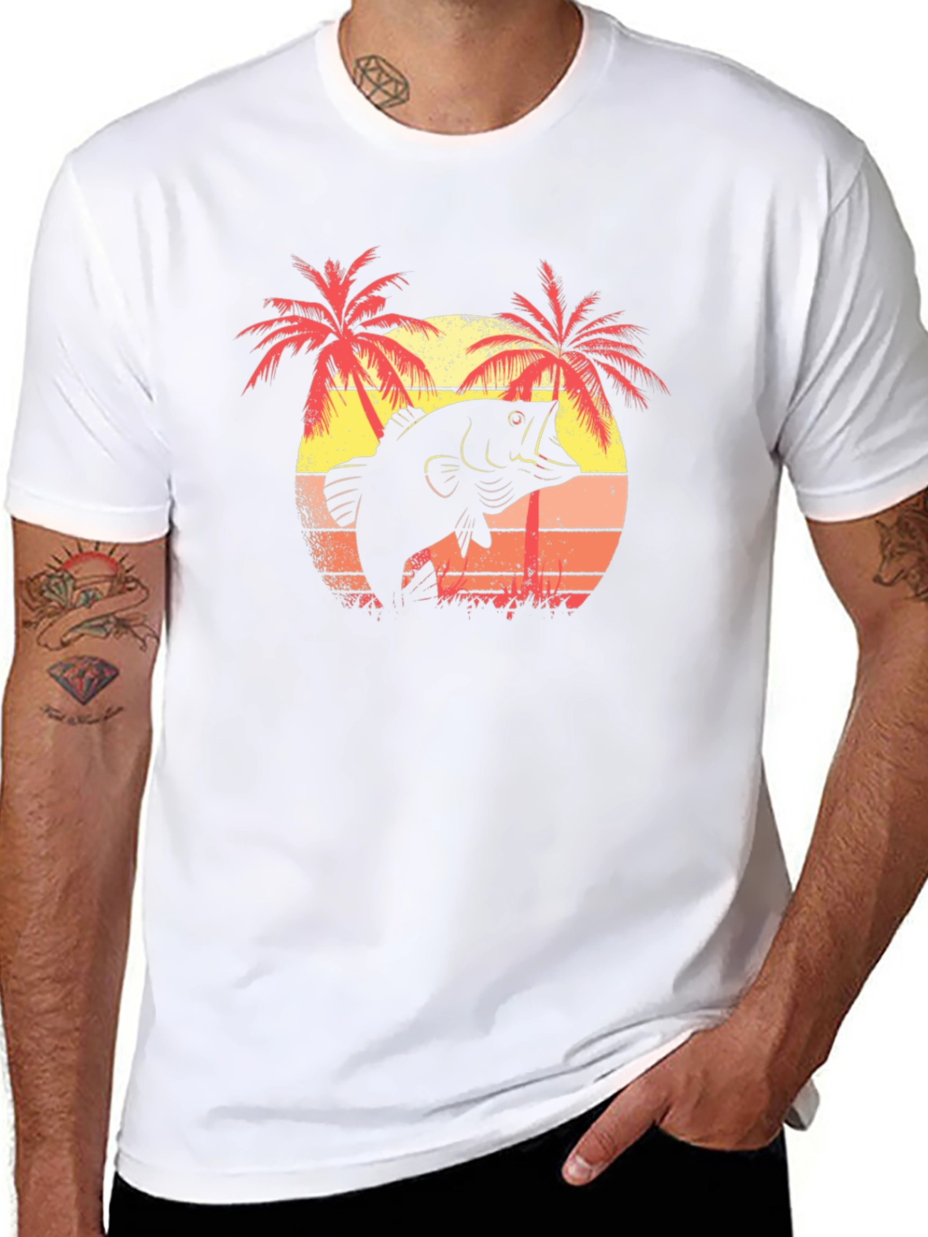 Bass Fishing T-Shirt - Tropical Sunset Design