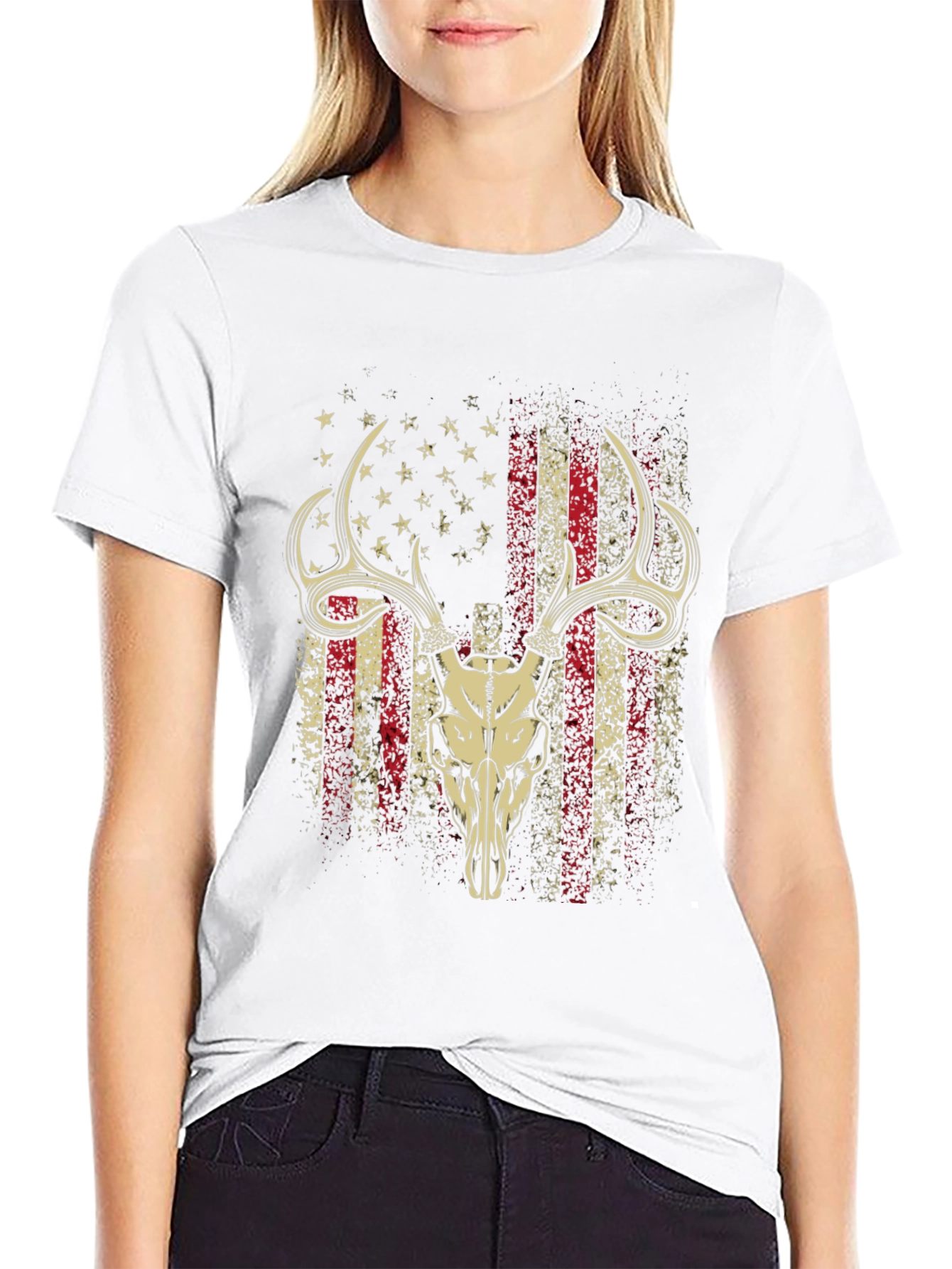 American Flag Deer Skull Graphic T-Shirt
