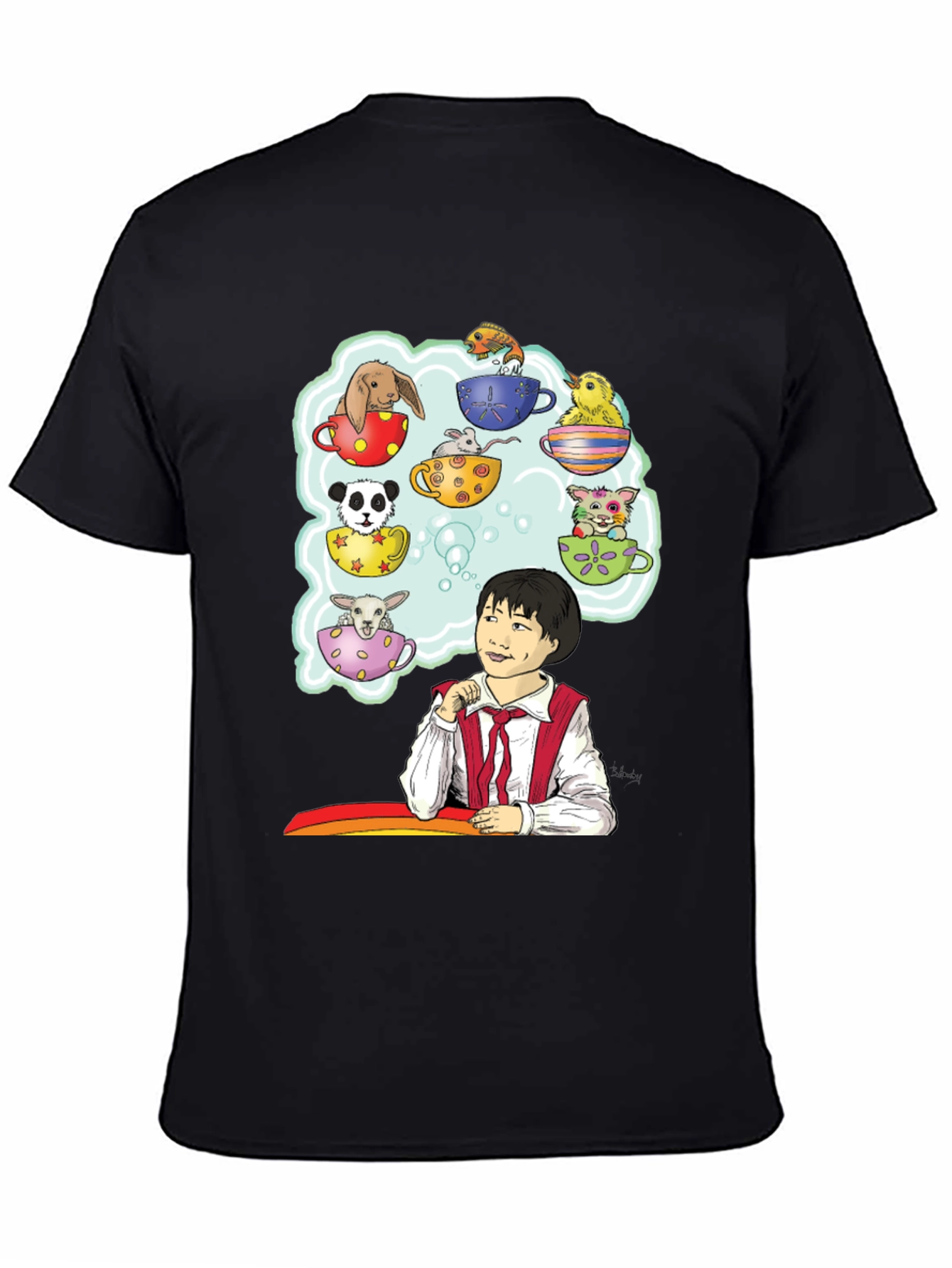 Cute Teacup Animals Graphic Tee - Whimsical Black T-Shirt