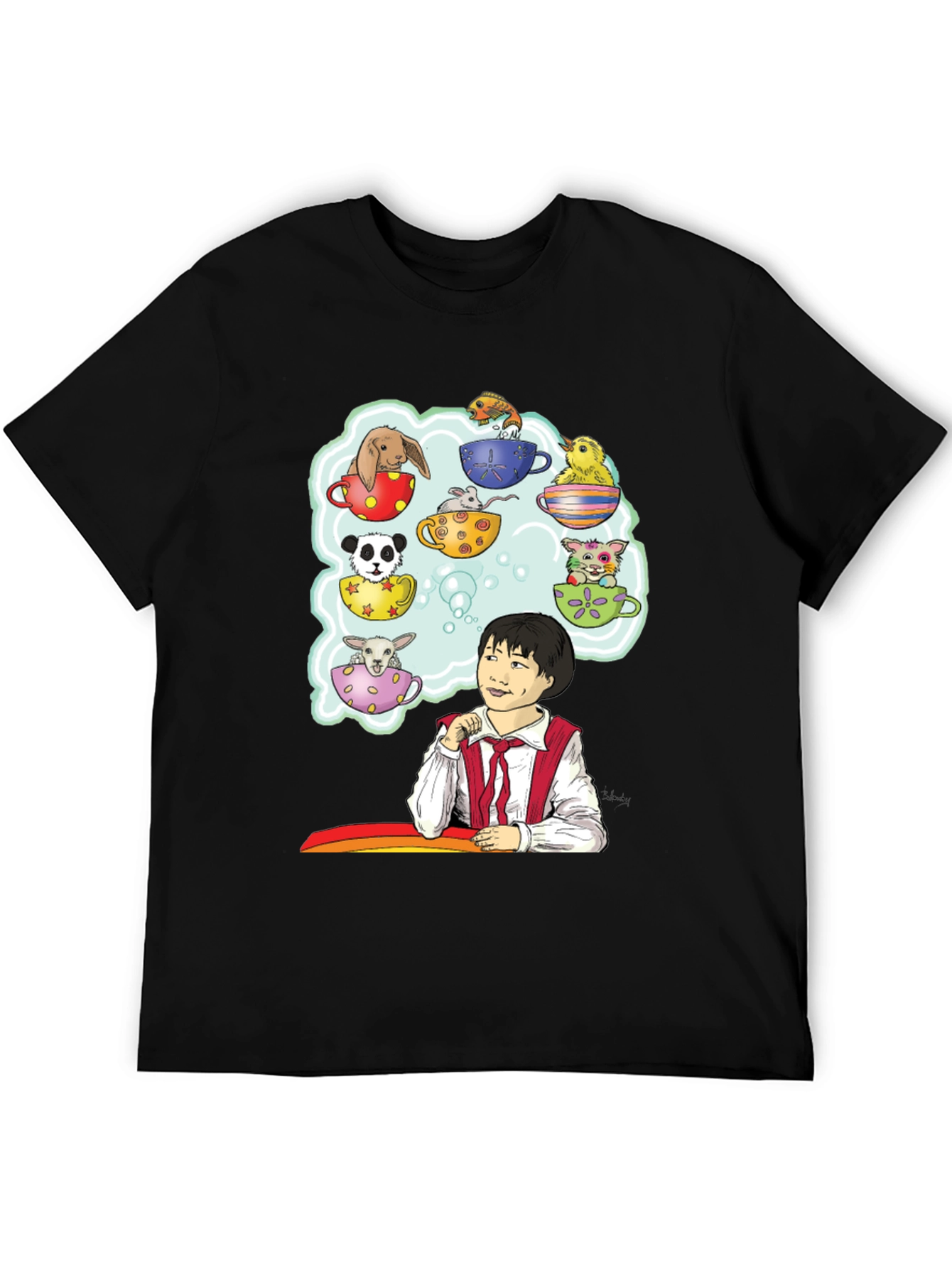 Cute Teacup Animals Graphic Tee - Whimsical Black T-Shirt