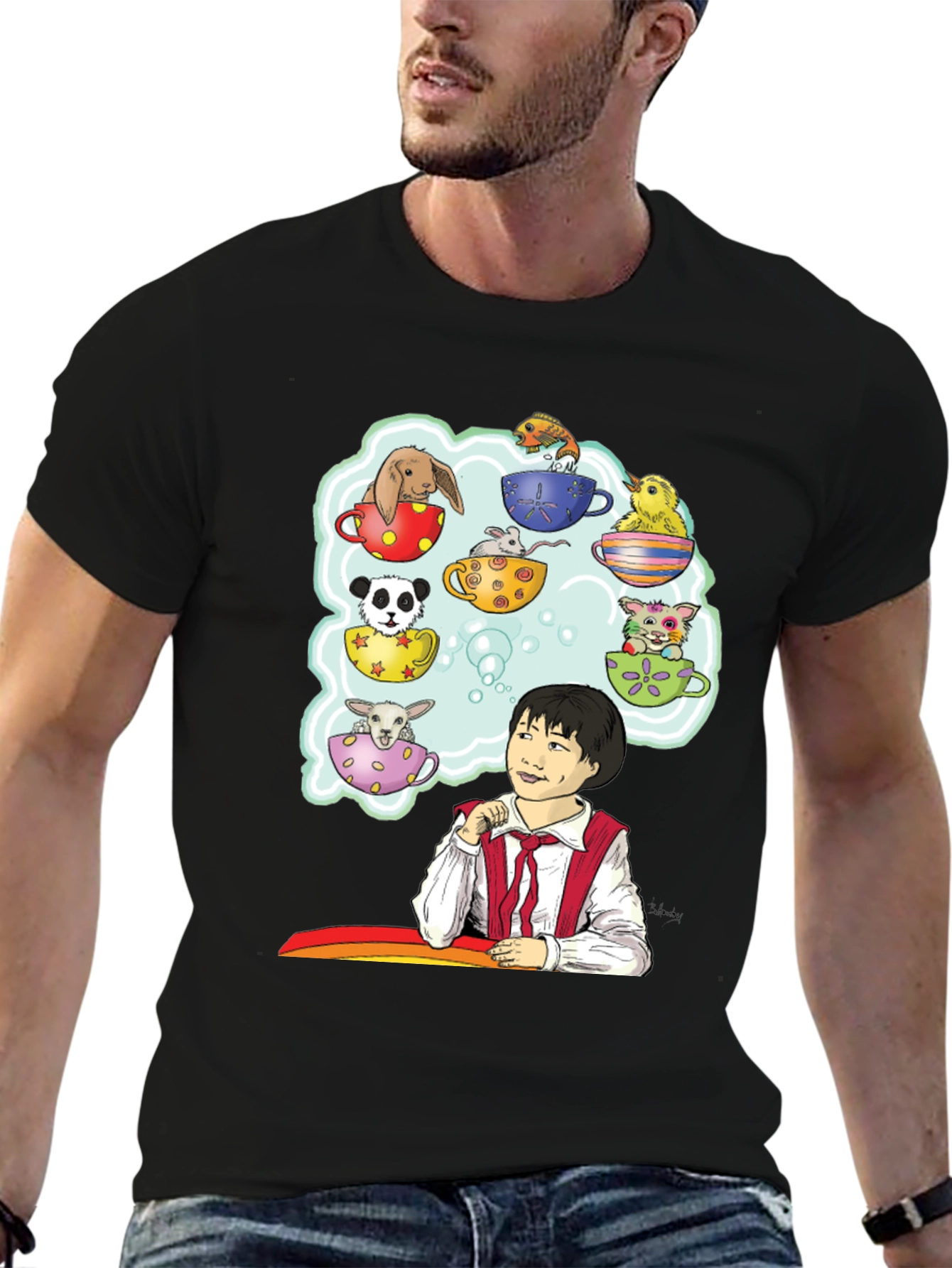 Cute Teacup Animals Graphic Tee - Whimsical Black T-Shirt