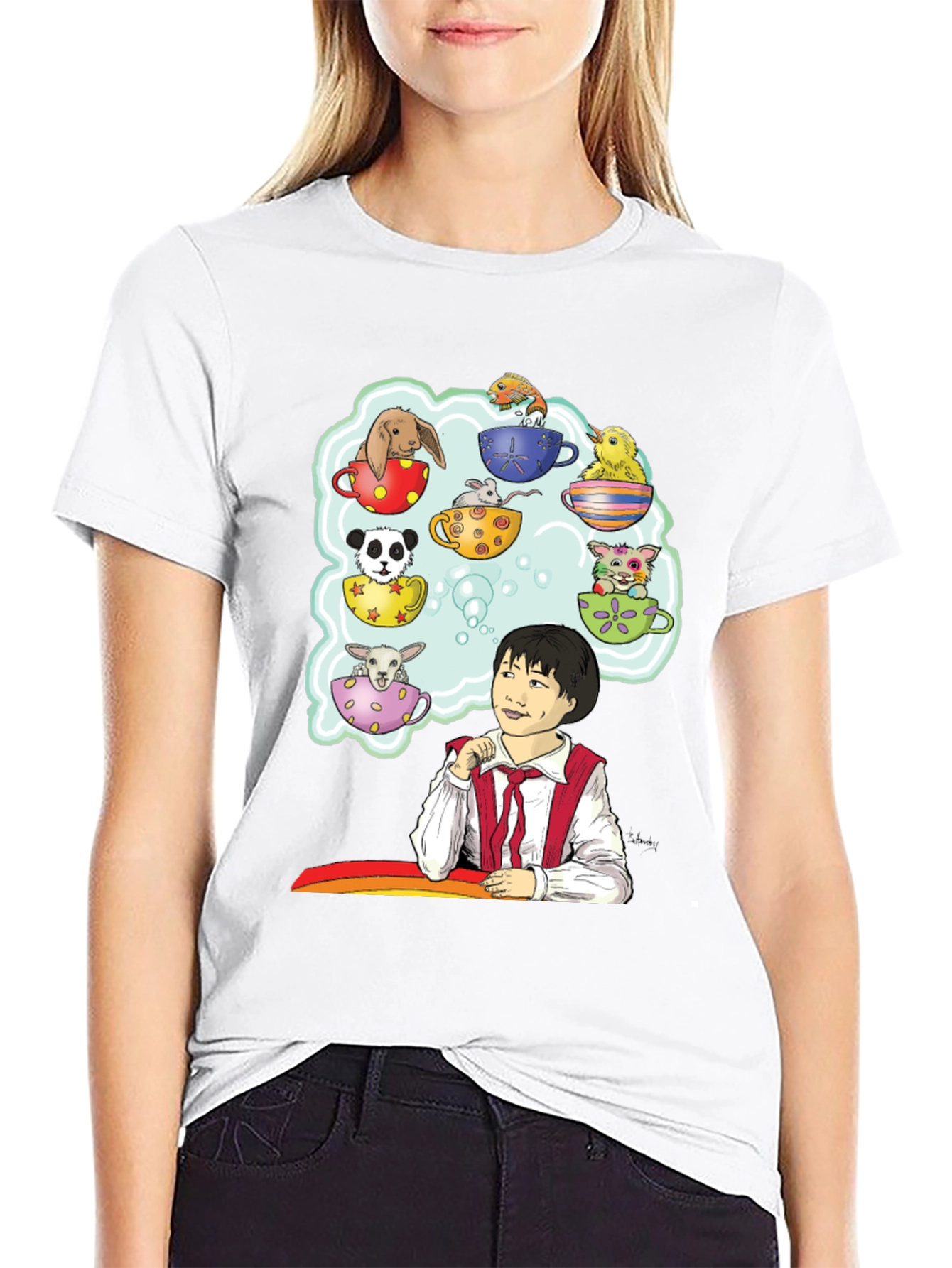 Cute Teacup Animals Graphic Tee - Whimsical Black T-Shirt