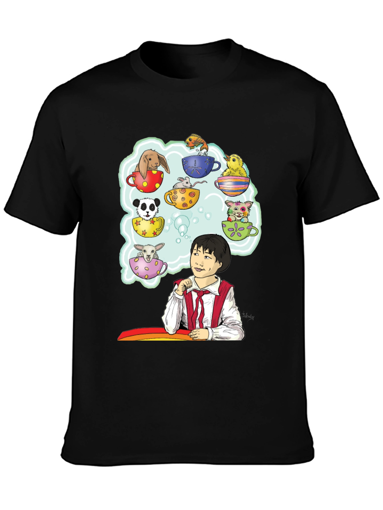 Cute Teacup Animals Graphic Tee - Whimsical Black T-Shirt