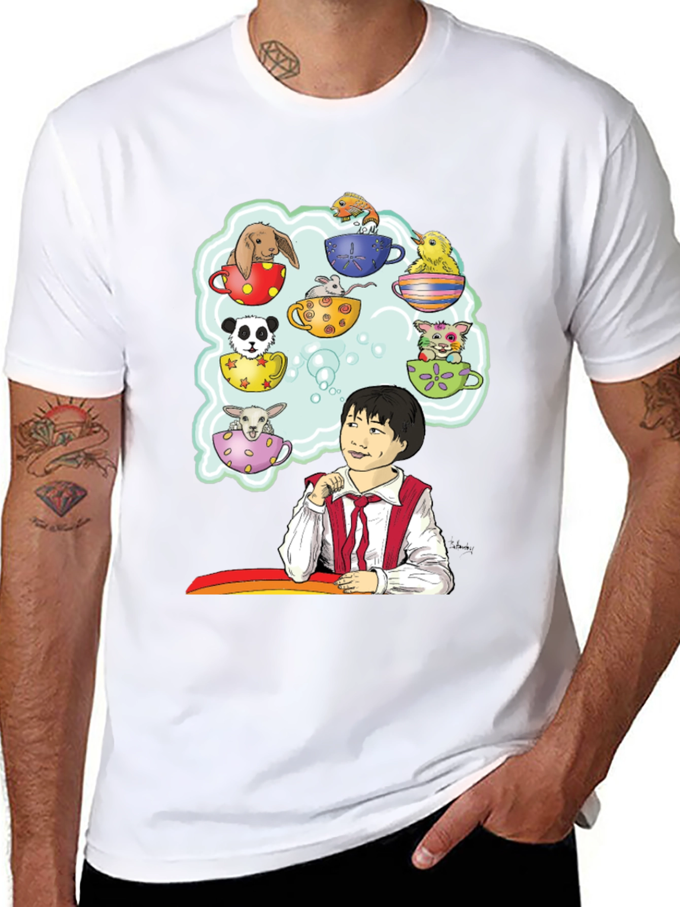 Cute Teacup Animals Graphic Tee - Whimsical Black T-Shirt