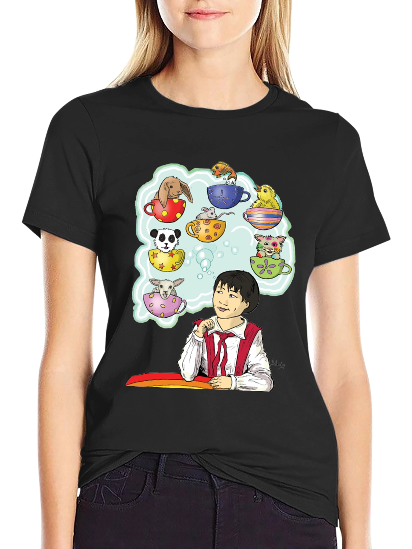 Cute Teacup Animals Graphic Tee - Whimsical Black T-Shirt