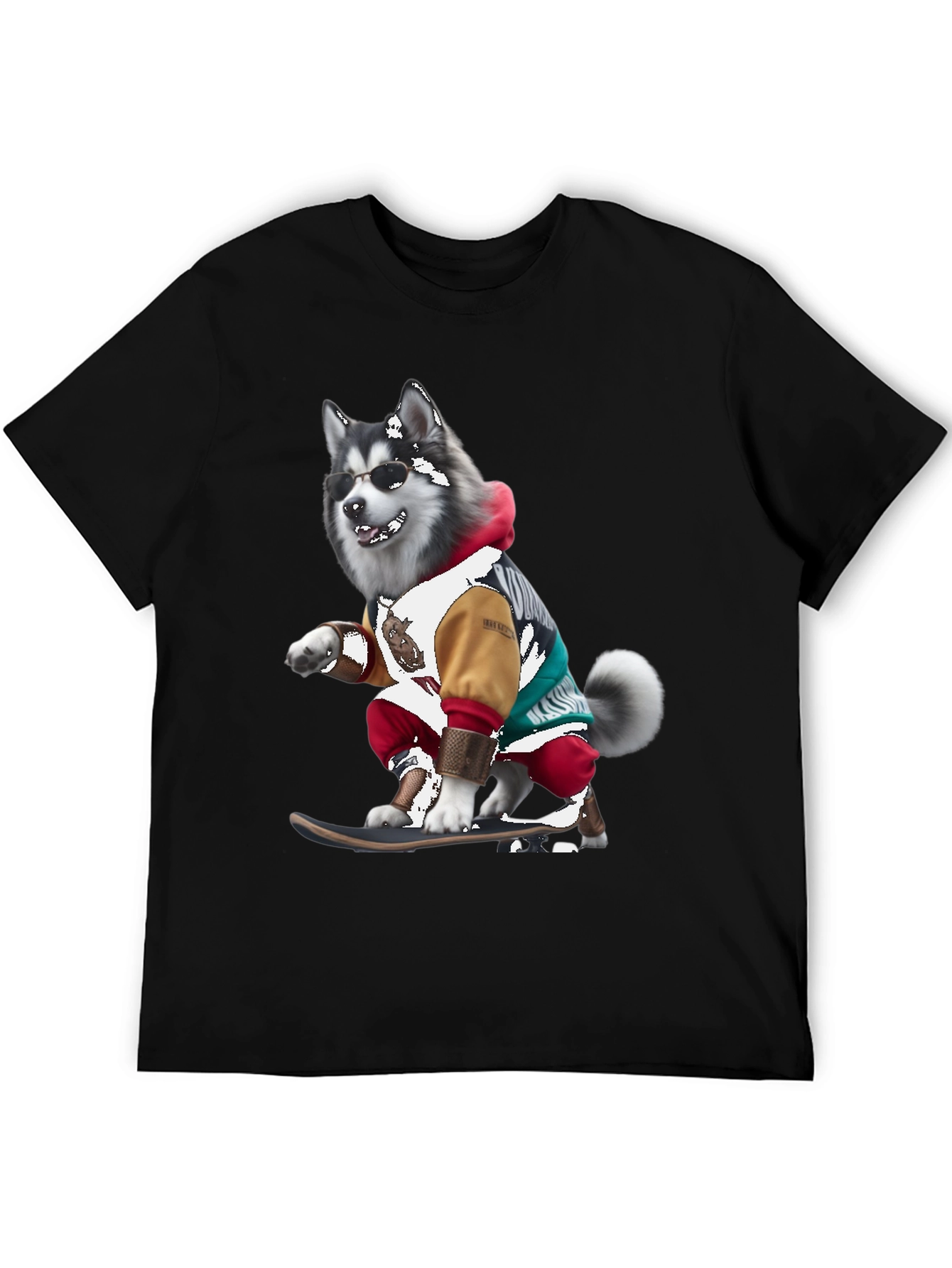 Cool Husky Skateboarder Black T-Shirt