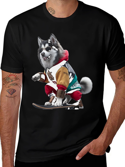 Cool Husky Skateboarder Black T-Shirt