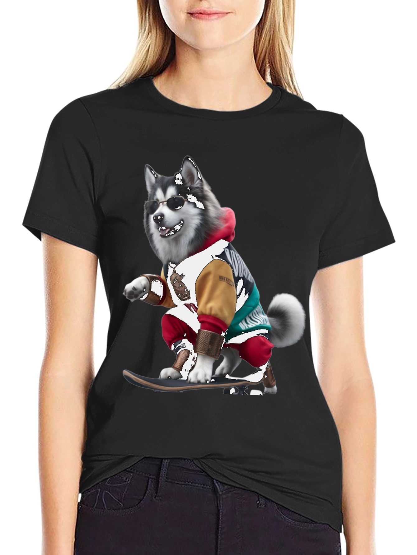 Cool Husky Skateboarder Black T-Shirt