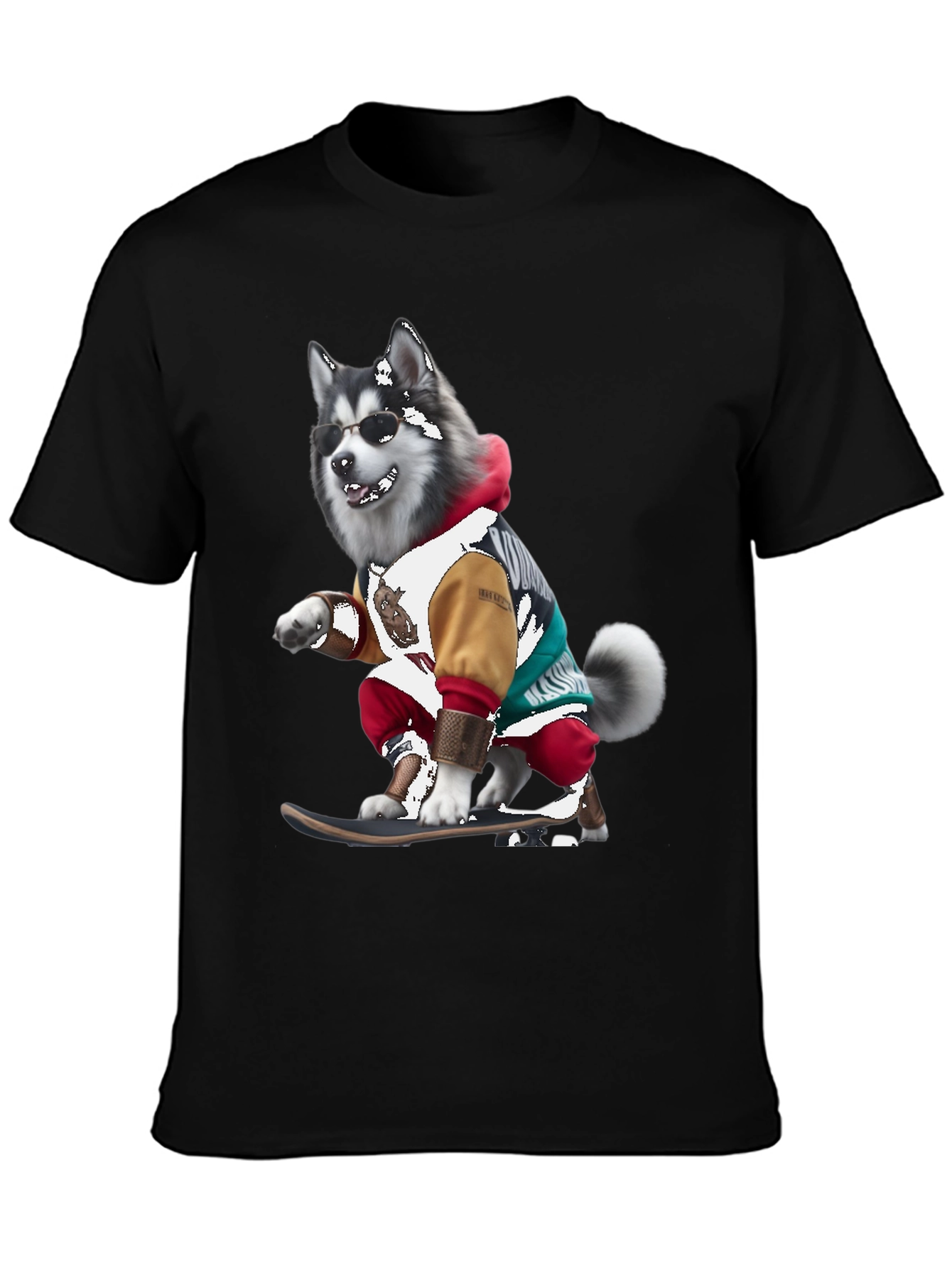 Cool Husky Skateboarder Black T-Shirt