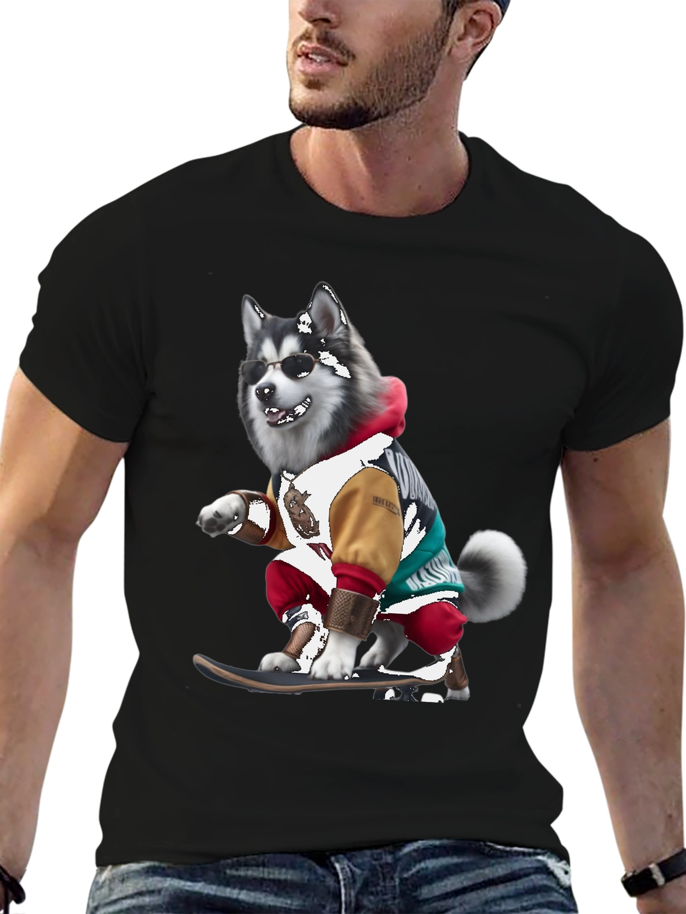 Cool Husky Skateboarder Black T-Shirt