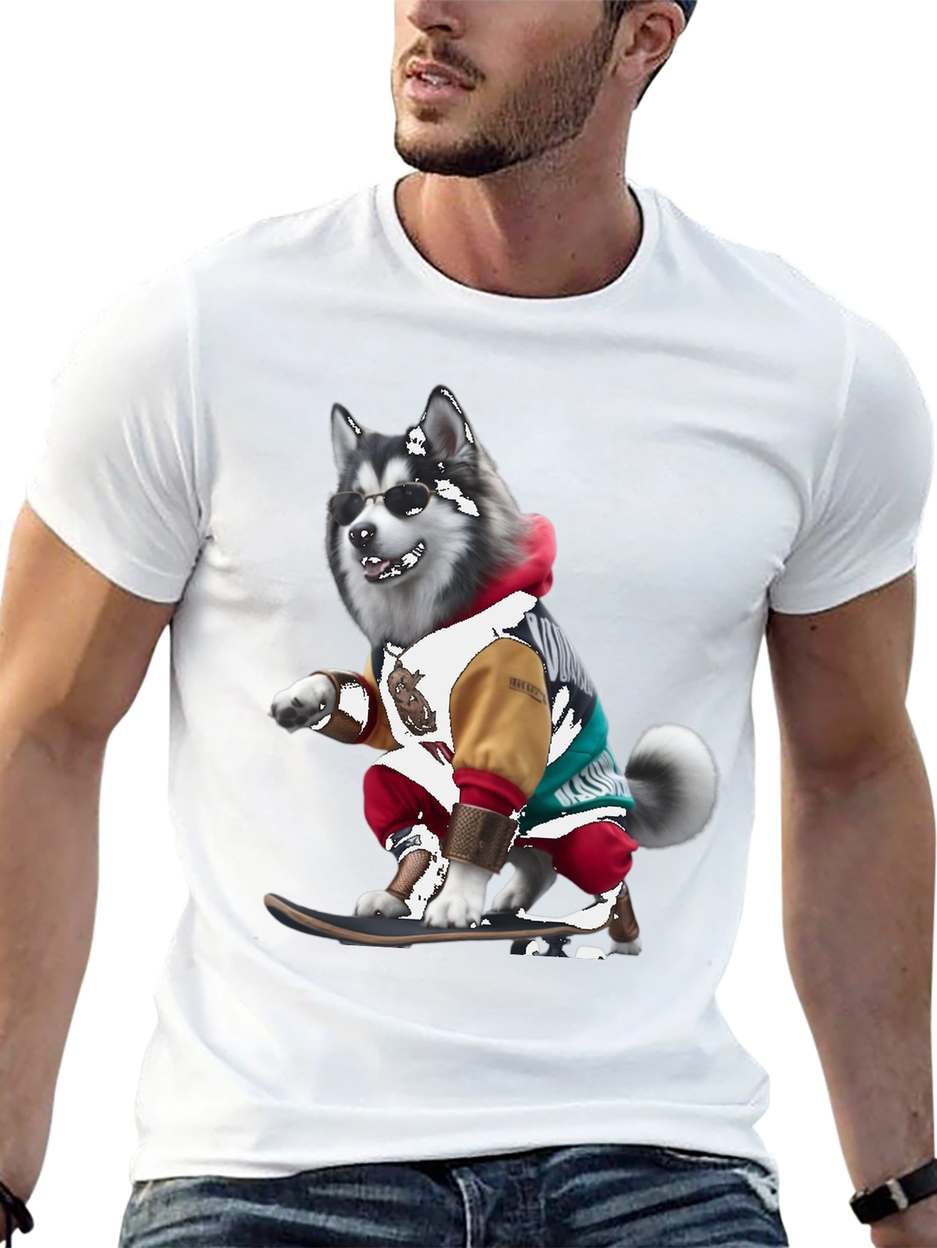 Cool Husky Skateboarder Black T-Shirt