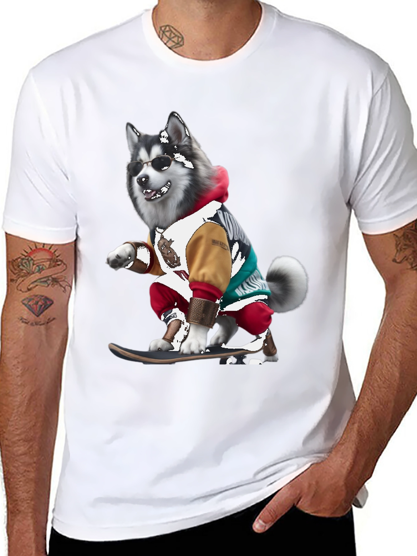 Cool Husky Skateboarder Black T-Shirt