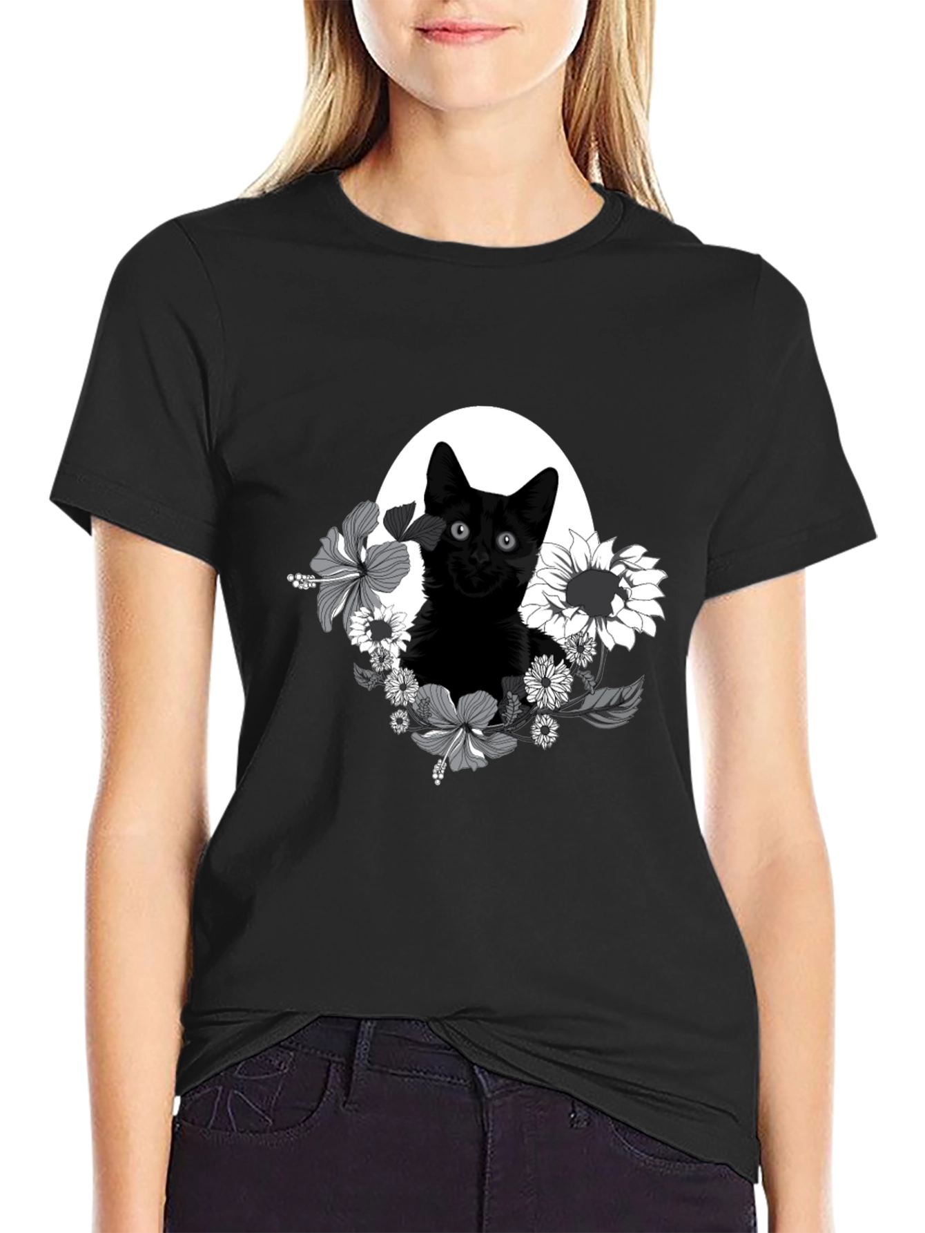 Black Cat Floral T-Shirt