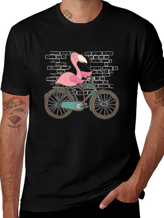 Flamingo on Bike Graphic Tee - Black Cotton T-Shirt