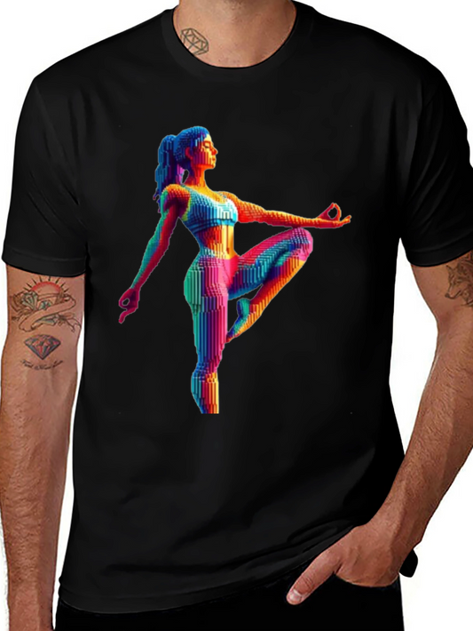 Yoga Pose Graphic Tee - Rainbow Pixel Art T-Shirt