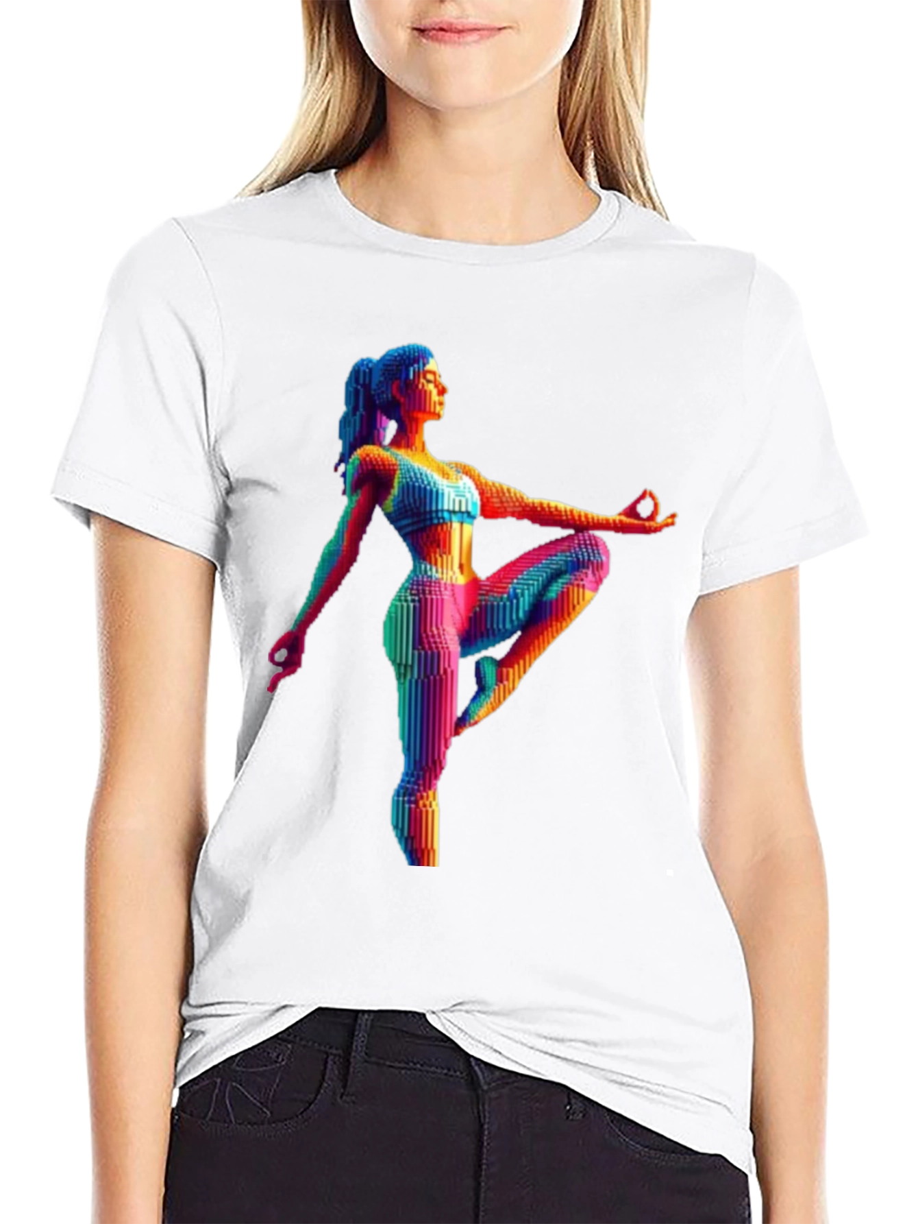 Yoga Pose Graphic Tee - Rainbow Pixel Art T-Shirt