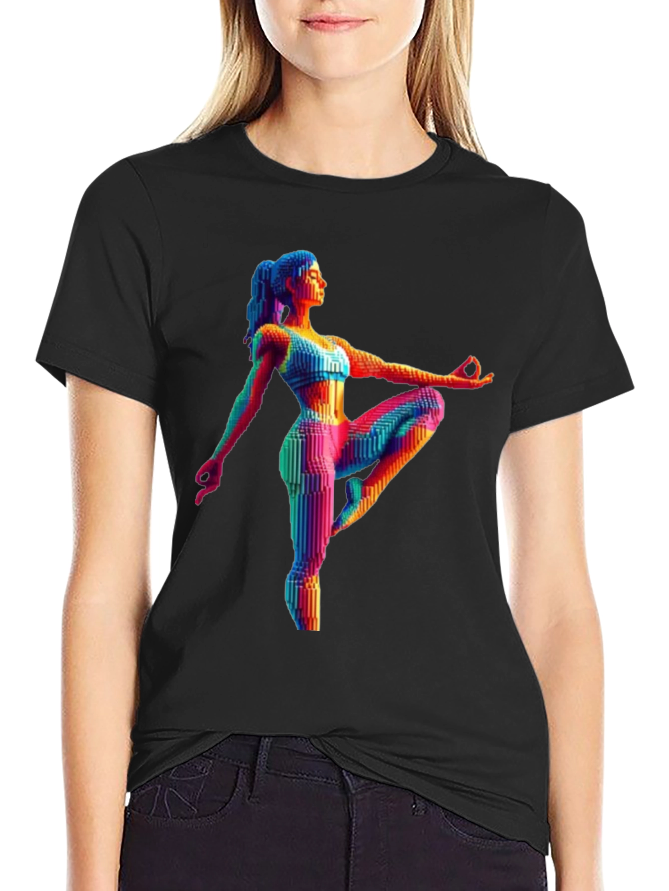 Yoga Pose Graphic Tee - Rainbow Pixel Art T-Shirt