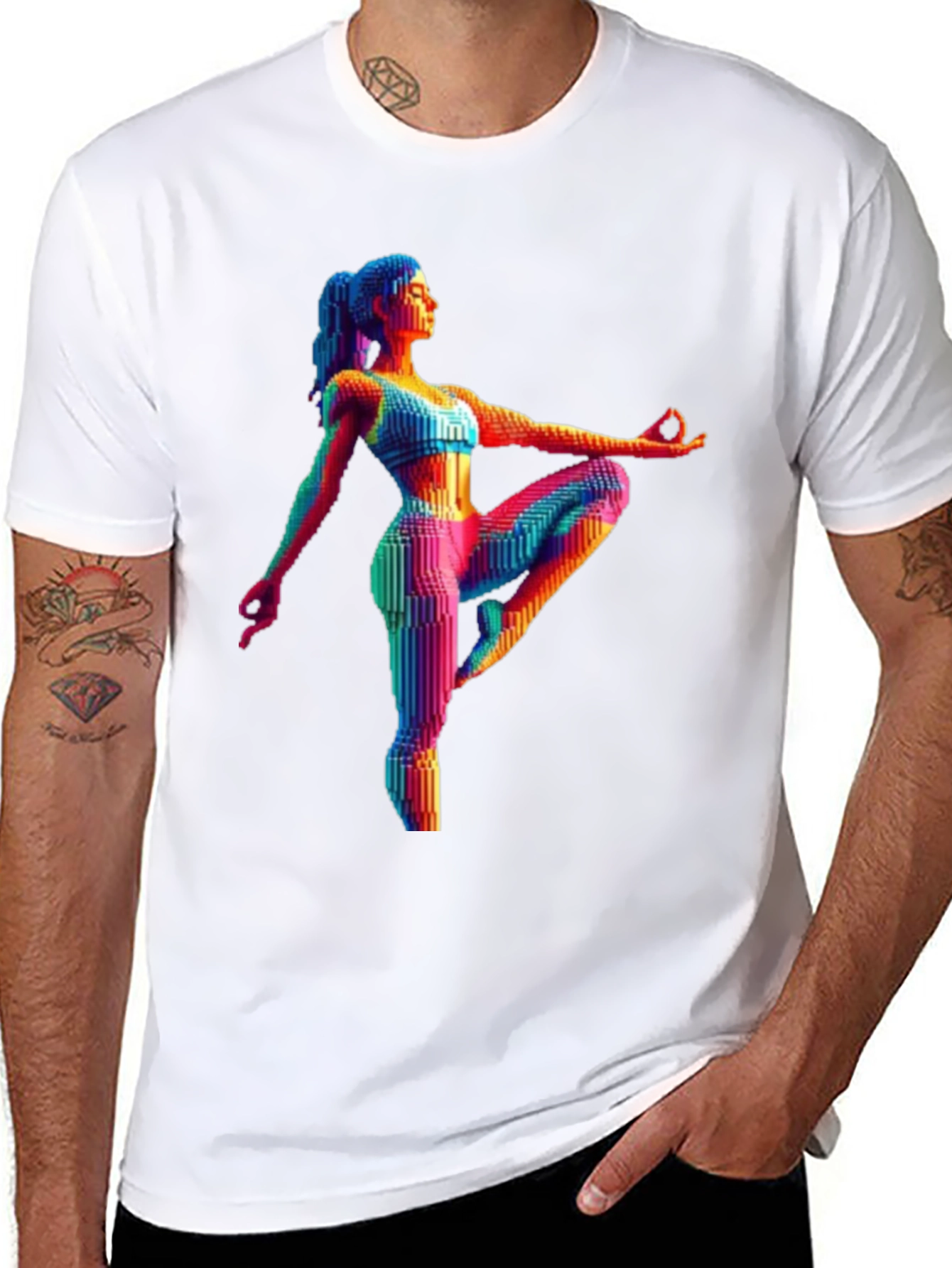 Yoga Pose Graphic Tee - Rainbow Pixel Art T-Shirt