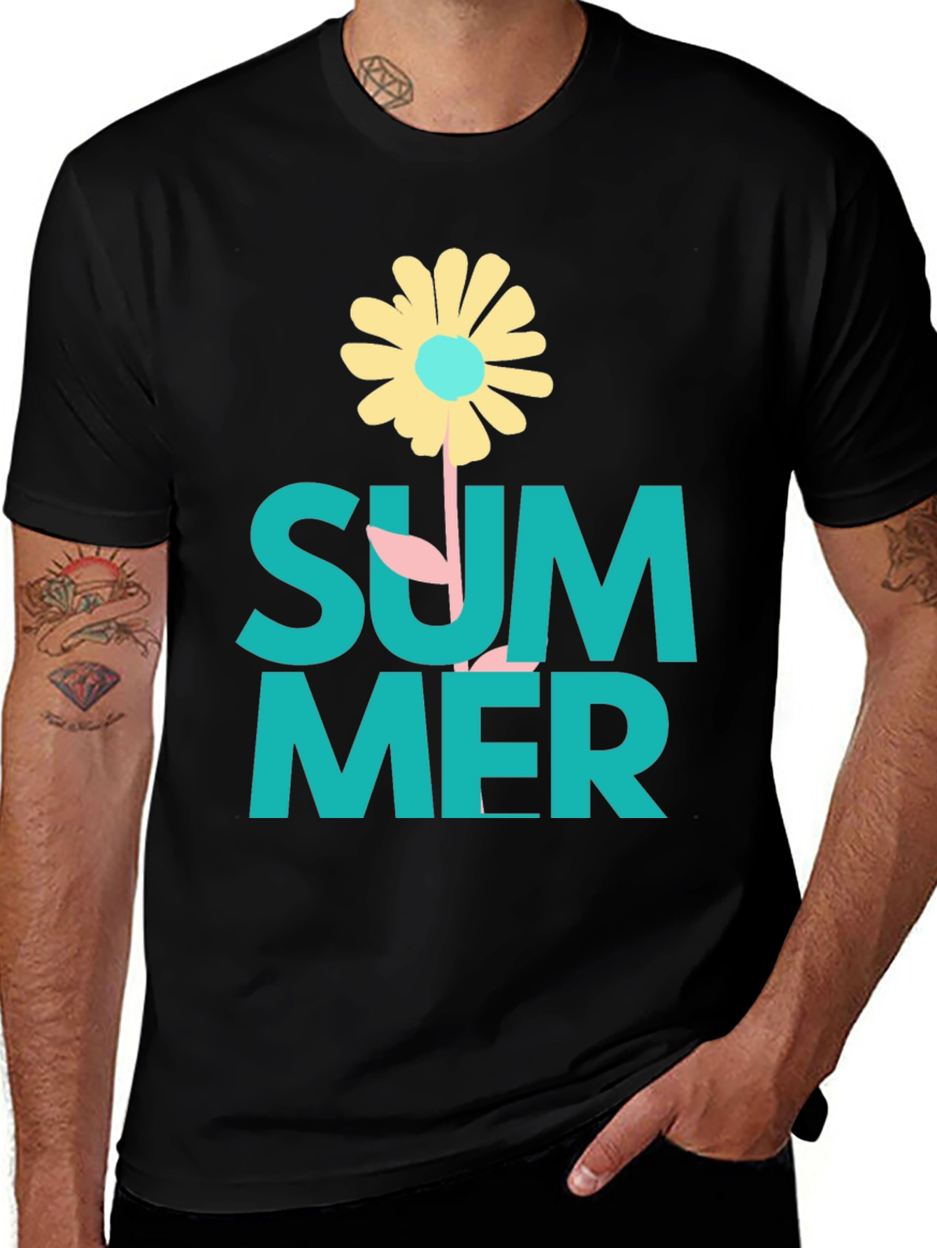 Summer Flower Graphic Tee - Black Casual T-Shirt