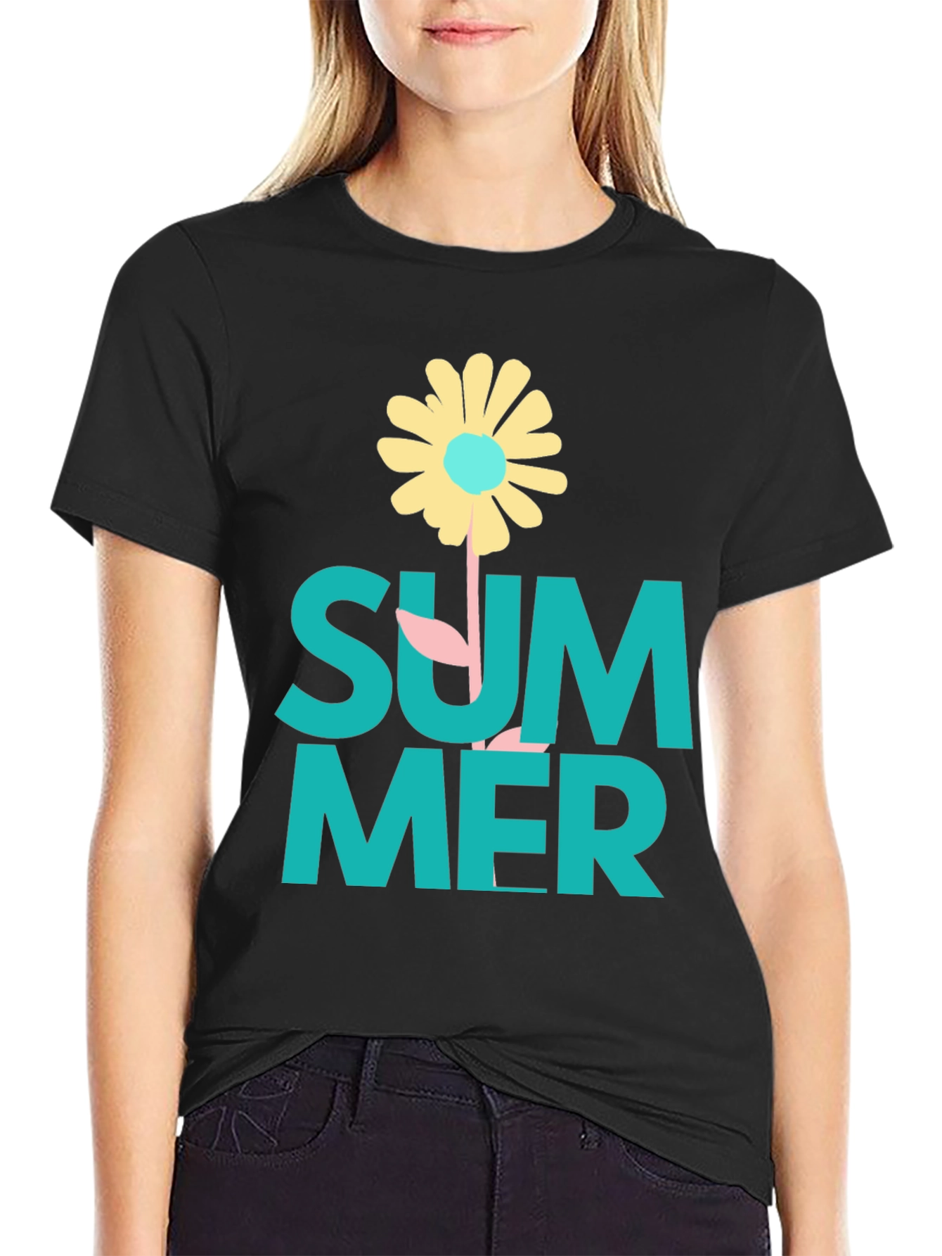 Summer Flower Graphic Tee - Black Casual T-Shirt