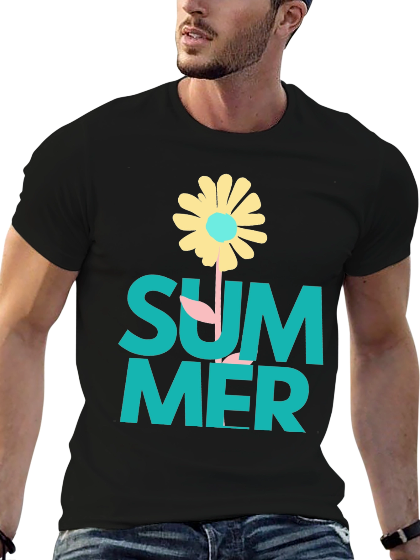 Summer Flower Graphic Tee - Black Casual T-Shirt