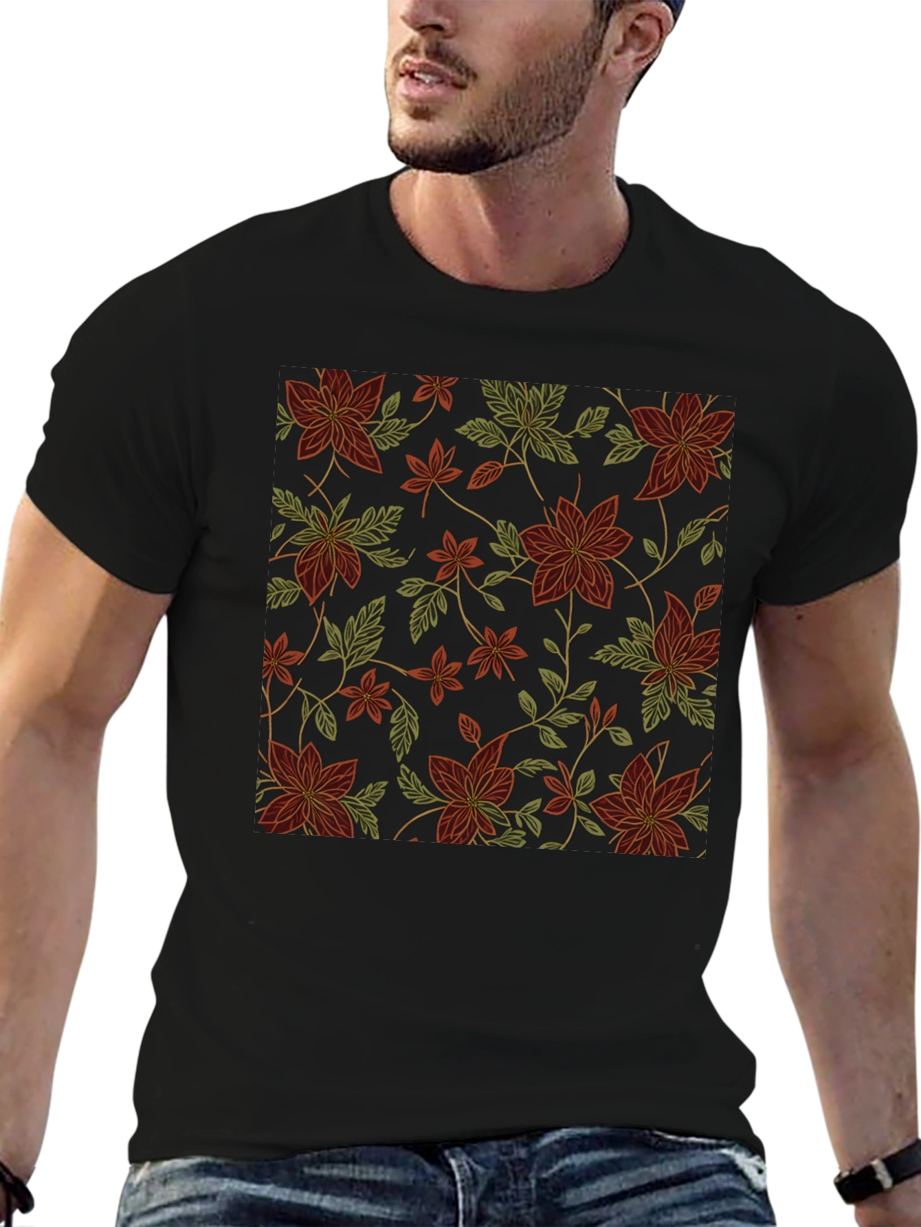 Floral Pattern Black T-Shirt