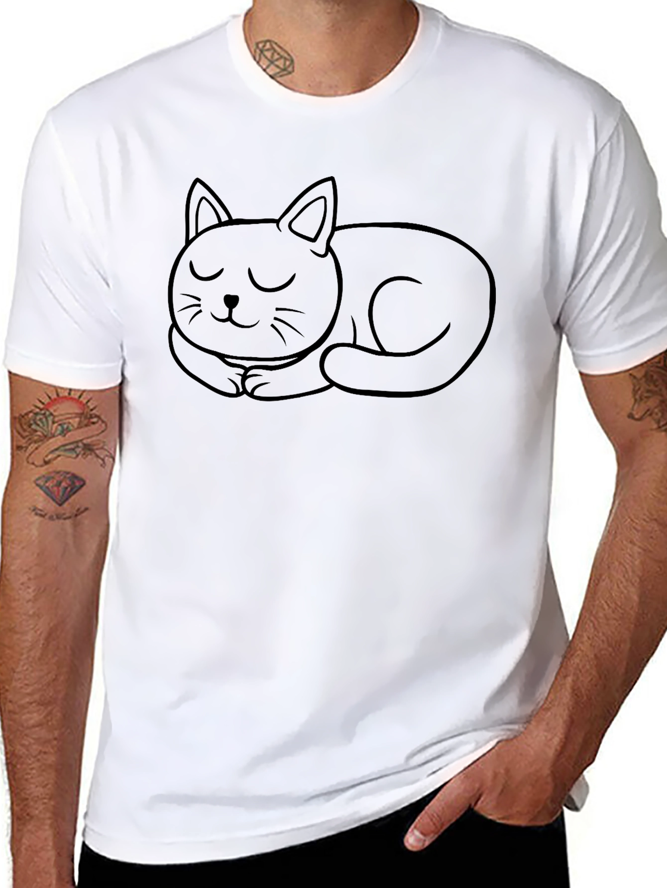 Cute Sleeping Cat Graphic Tee - Black