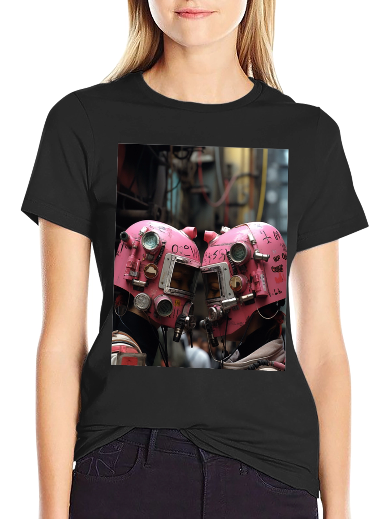 Abstract Pink Helmet Graphic Black Tee