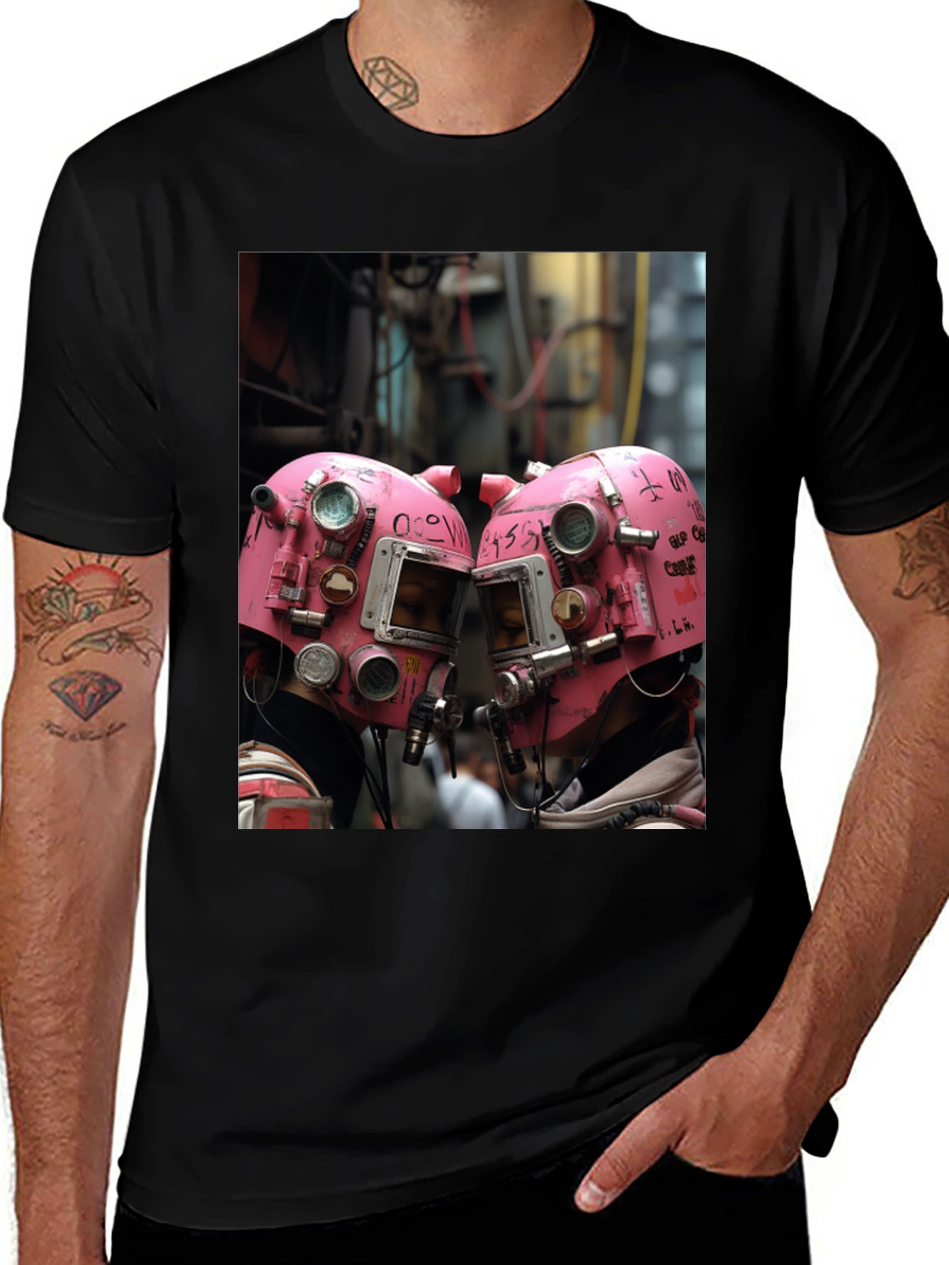 Abstract Pink Helmet Graphic Black Tee