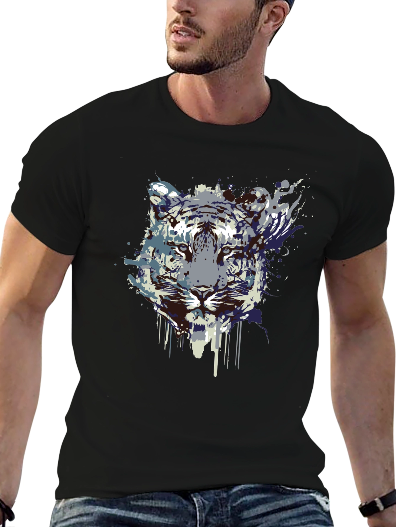 Abstract Tiger Graphic Tee - Black Cotton Blend
