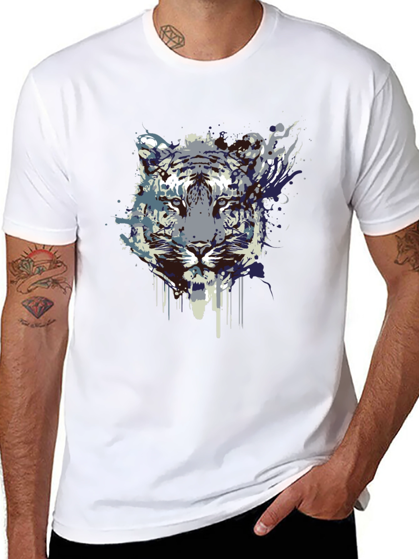 Abstract Tiger Graphic Tee - Black Cotton Blend
