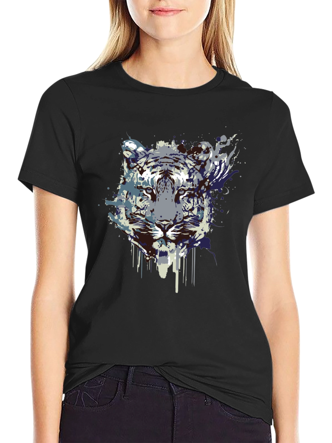 Abstract Tiger Graphic Tee - Black Cotton Blend