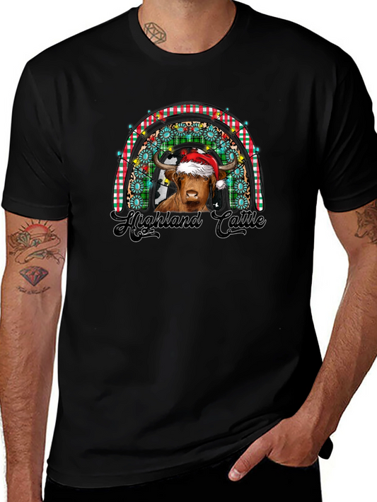 Festive Highland Cattle Christmas Rainbow T-Shirt