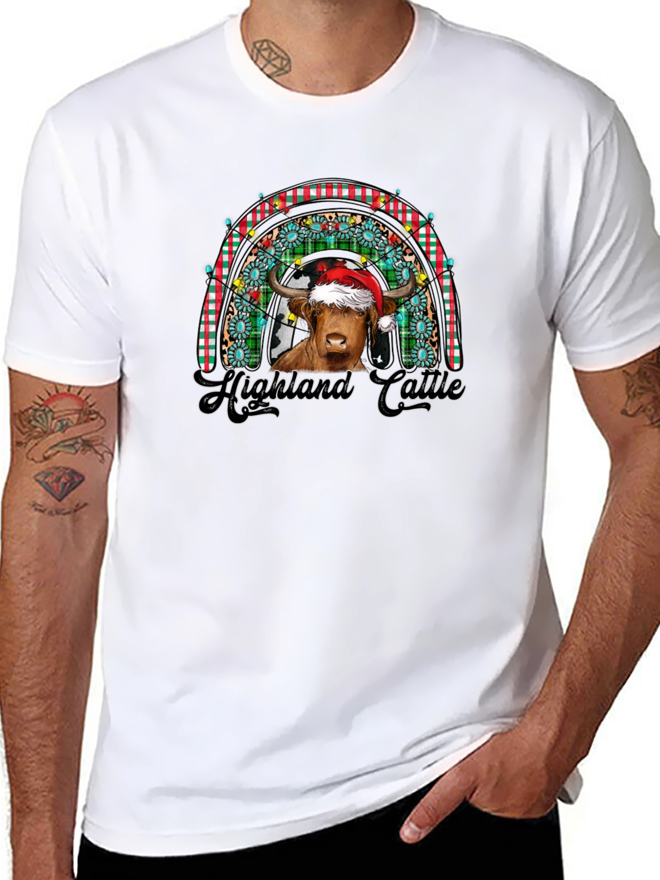 Festive Highland Cattle Christmas Rainbow T-Shirt
