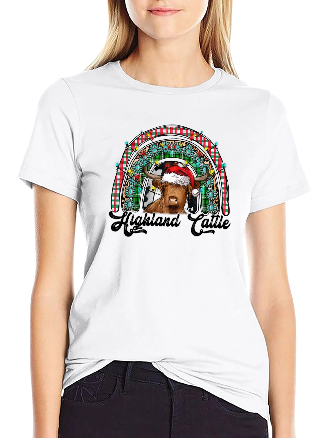 Festive Highland Cattle Christmas Rainbow T-Shirt