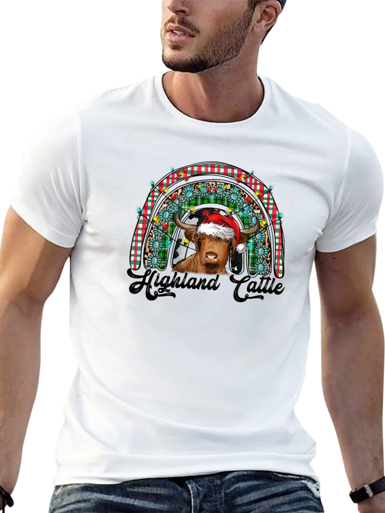 Festive Highland Cattle Christmas Rainbow T-Shirt