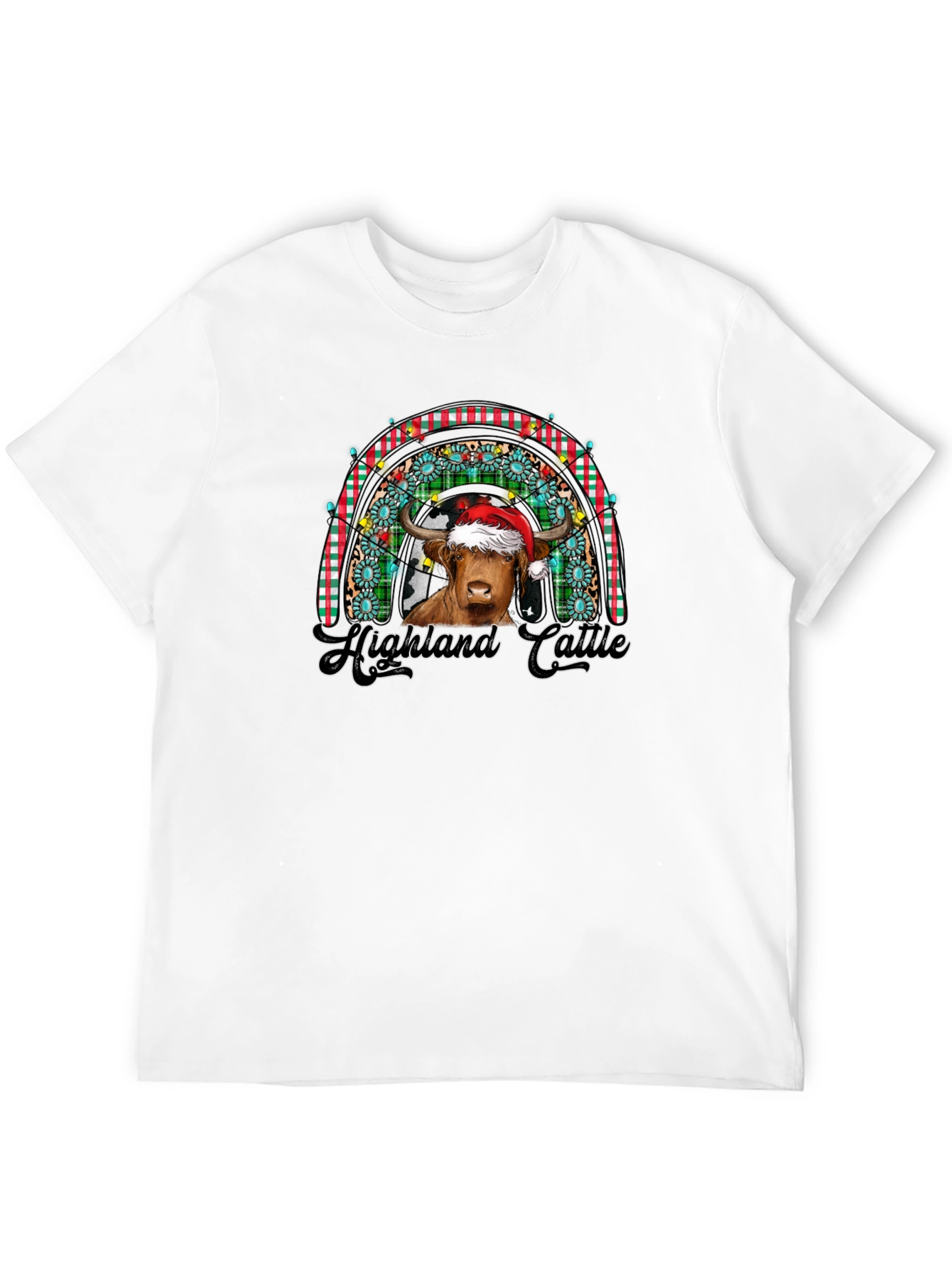 Festive Highland Cattle Christmas Rainbow T-Shirt