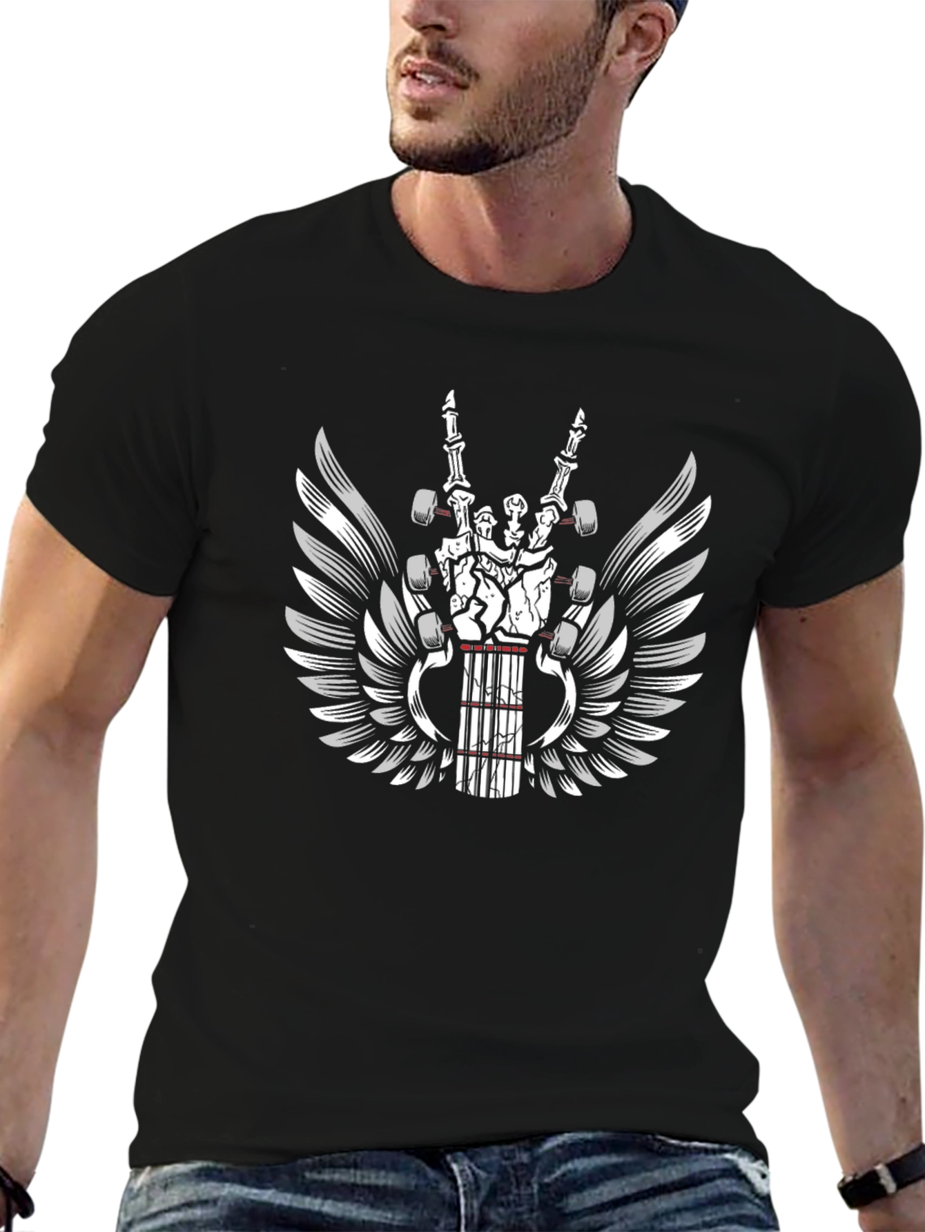 Rock Hand Guitar Wings Graphic T-Shirt