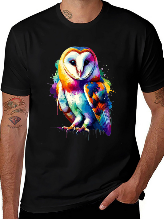 Colorful Owl Graphic Print Black T-Shirt