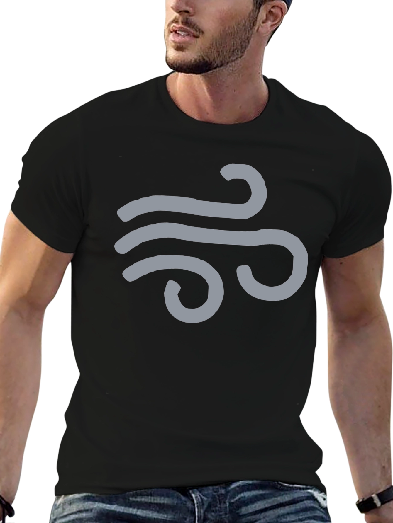 Mens Black T-Shirt with Wind Symbol Design