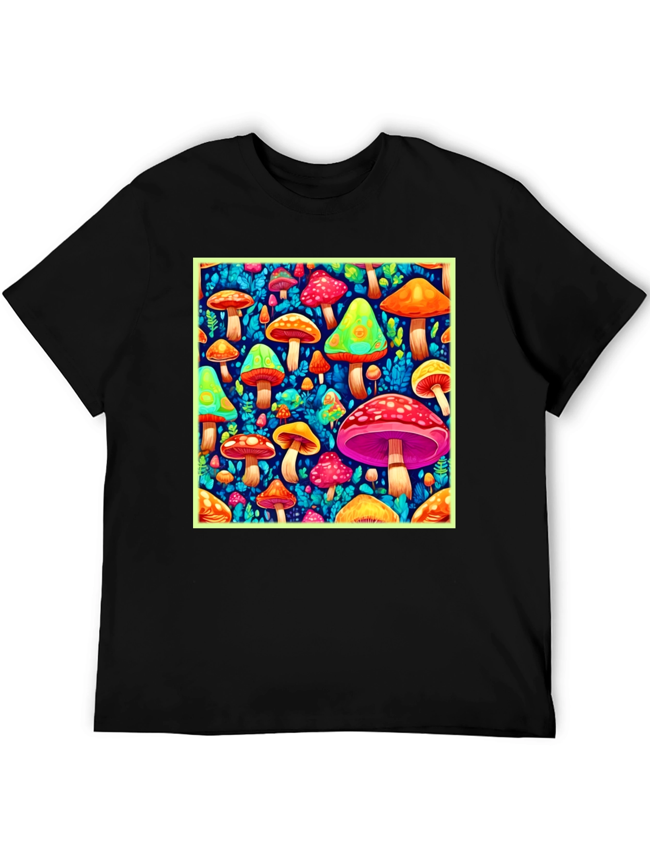 Psychedelic Mushroom Print Black T-Shirt