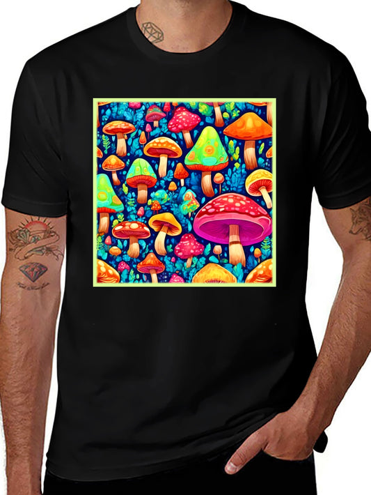 Psychedelic Mushroom Print Black T-Shirt