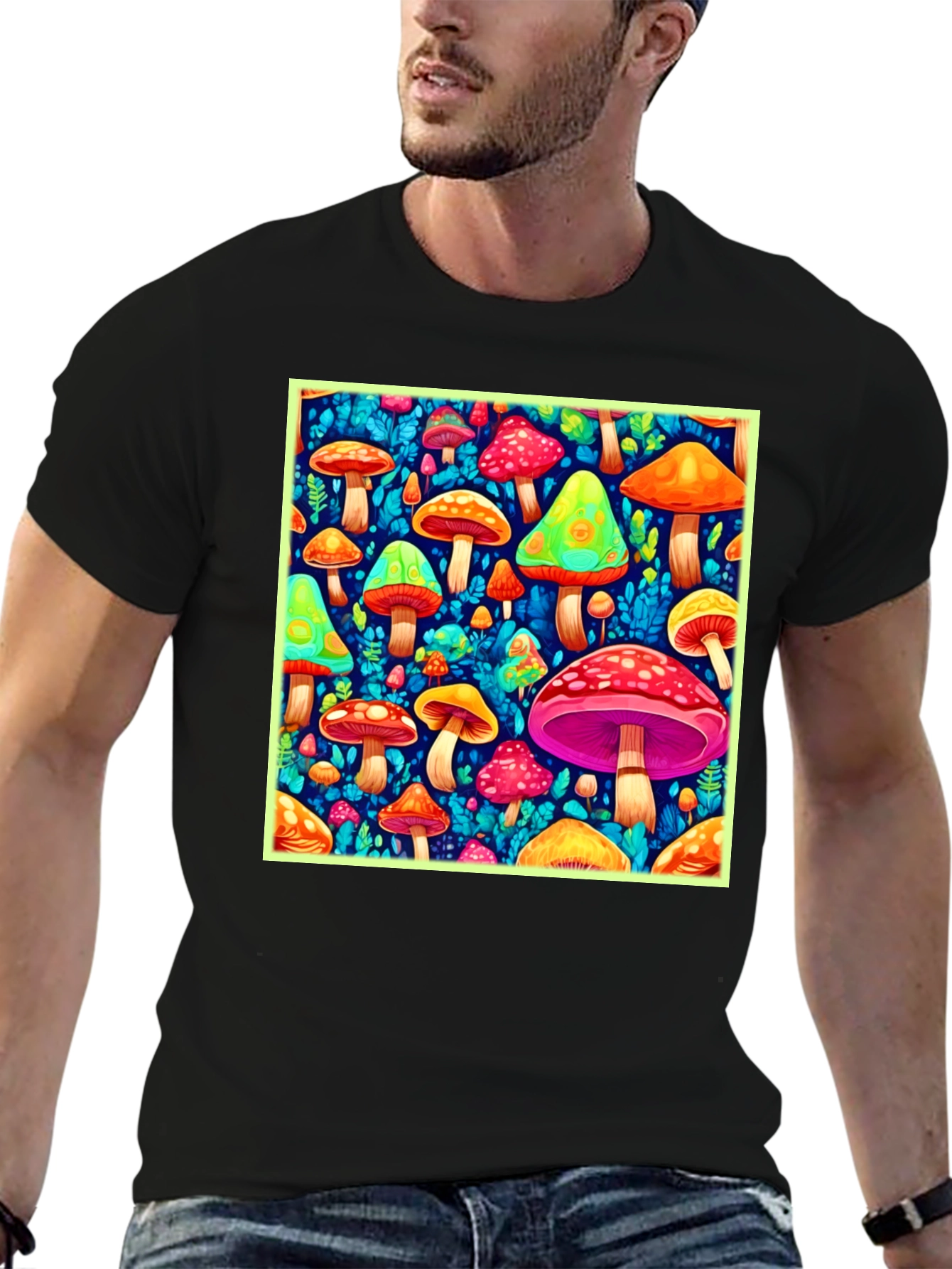 Psychedelic Mushroom Print Black T-Shirt