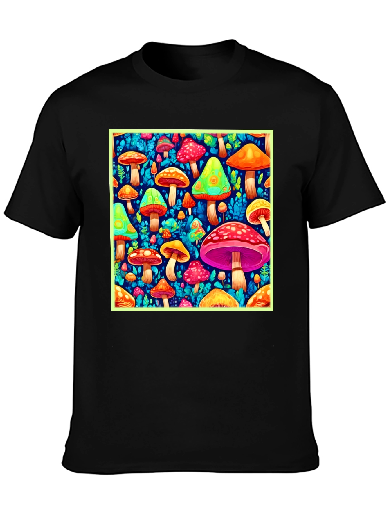 Psychedelic Mushroom Print Black T-Shirt