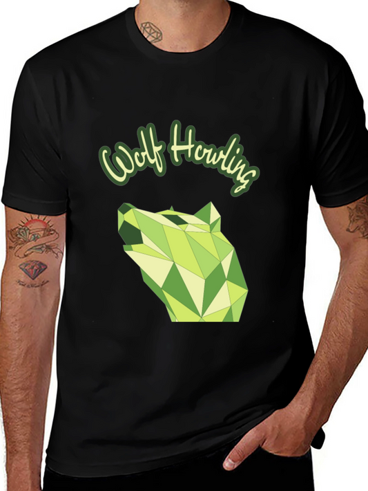 Geometric Wolf Howling Graphic Tee - Modern Black T-Shirt
