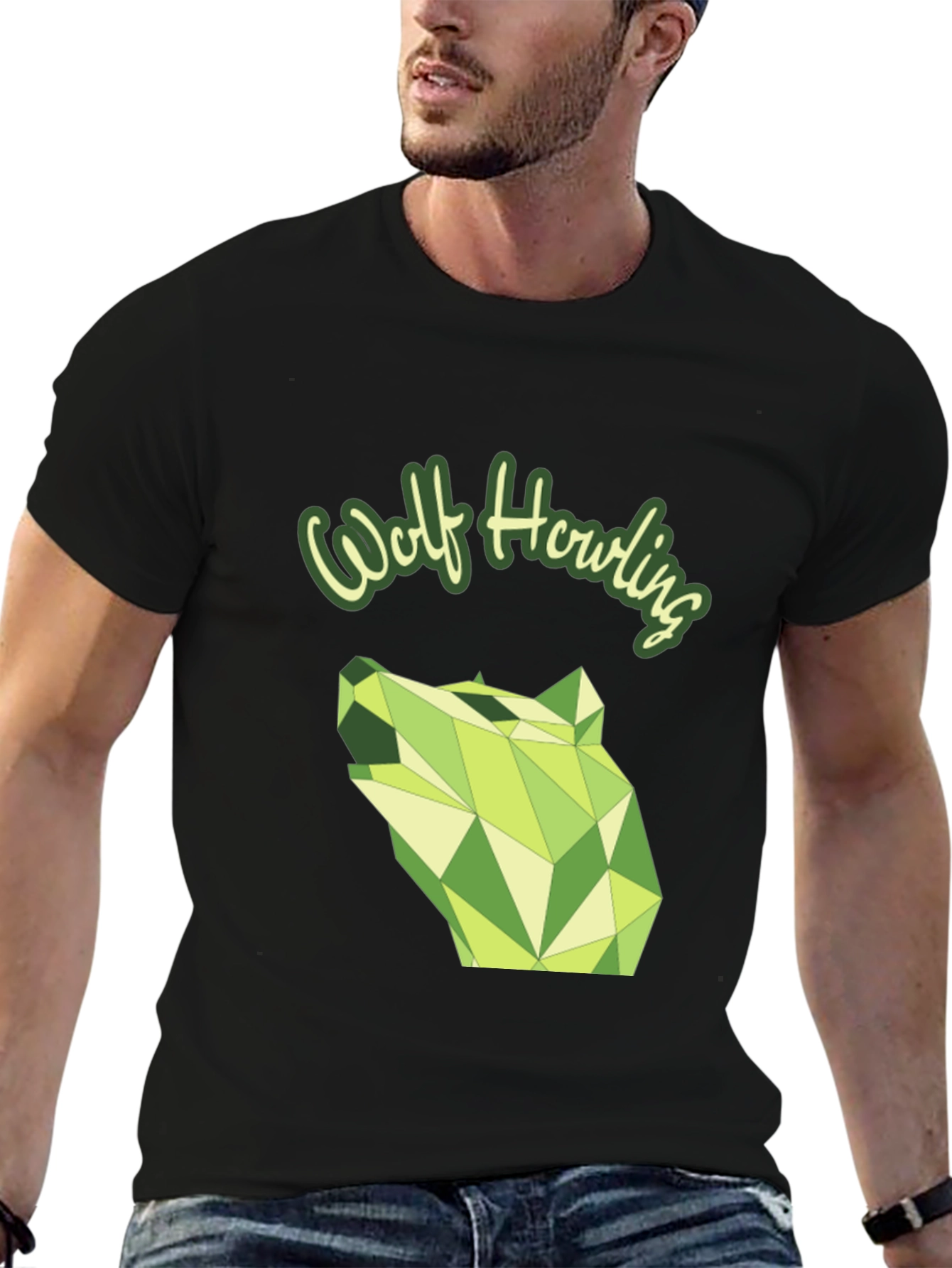 Geometric Wolf Howling Graphic Tee - Modern Black T-Shirt