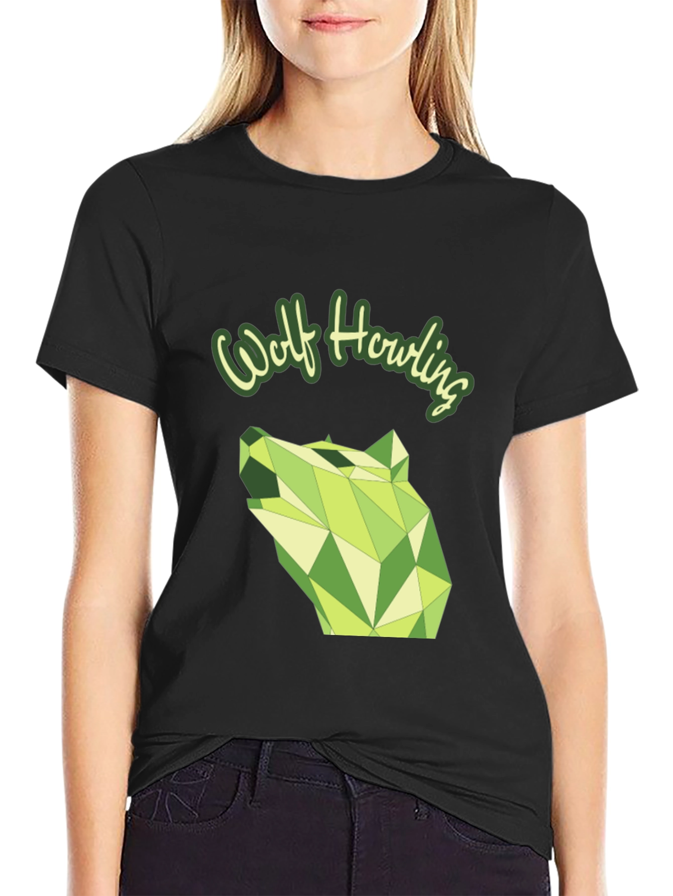 Geometric Wolf Howling Graphic Tee - Modern Black T-Shirt
